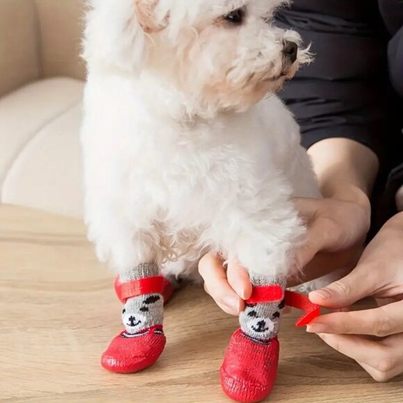 4 Pet Socks Weatherproof Dog Cat Velcro Non Slip Cute sz Small Red Gray Black - Picture 2 of 4